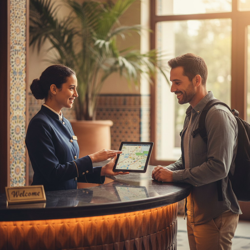 Réceptionniste d'hôtel marocain utilisant une tablette moderne pour accueillir un client